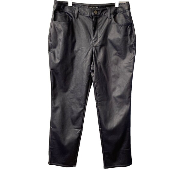Susan Graver Faux Leather 10 Petite Coated Stretch Woven Ankle Pants Black/Blue - Picture 1 of 14